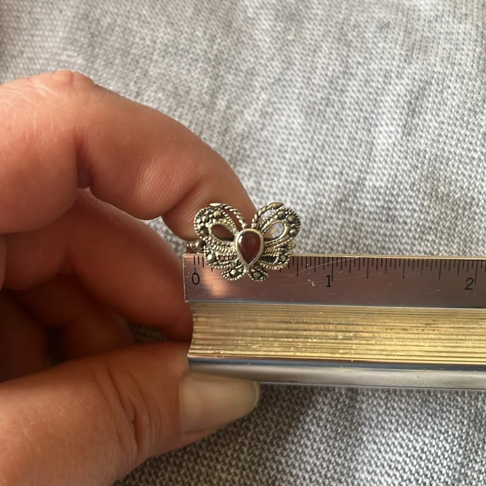 Silver butterfly‎ ring red teardrop stone​